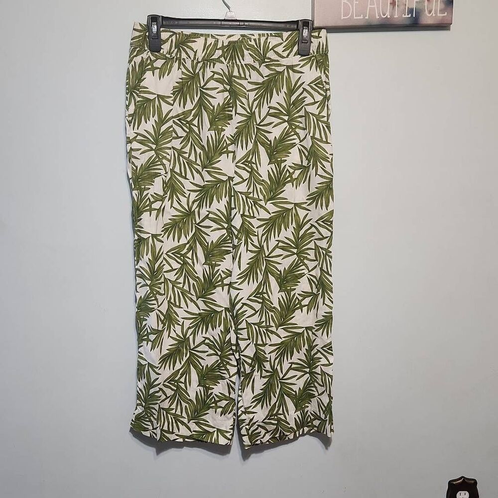 Nicole Miller Large Linen Pants White Green Tropical Wide Leg Elastic Waist